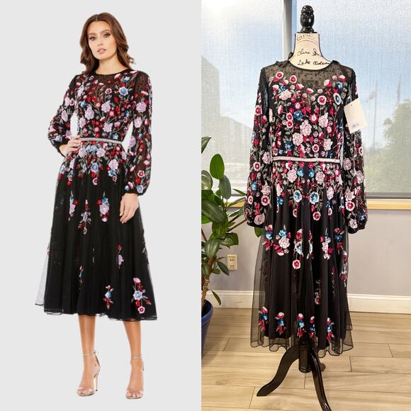 Mac Duggal  Sequined Floral High Neck Puff Sleeve Cocktail Dress 5712 Size 12 - Picture 1 of 8